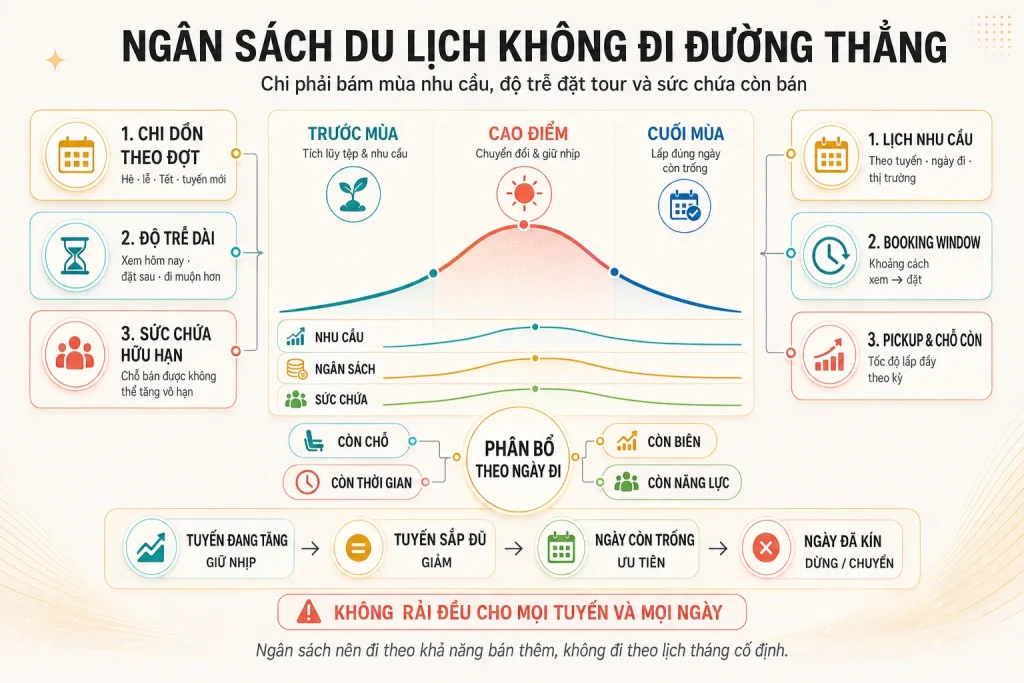 Đường cong nhu cầu theo mùa, ba đặc thù chi theo đợt, độ trễ dài, sức chứa hữu hạn và bốn điều kiện phân bổ theo ngày đi