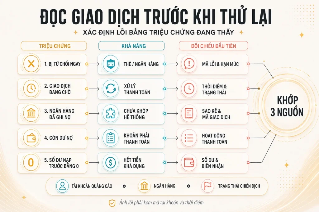 Ma trận năm triệu chứng thanh toán nối với khả năng nguyên nhân và dữ liệu cần đối chiếu đầu tiên