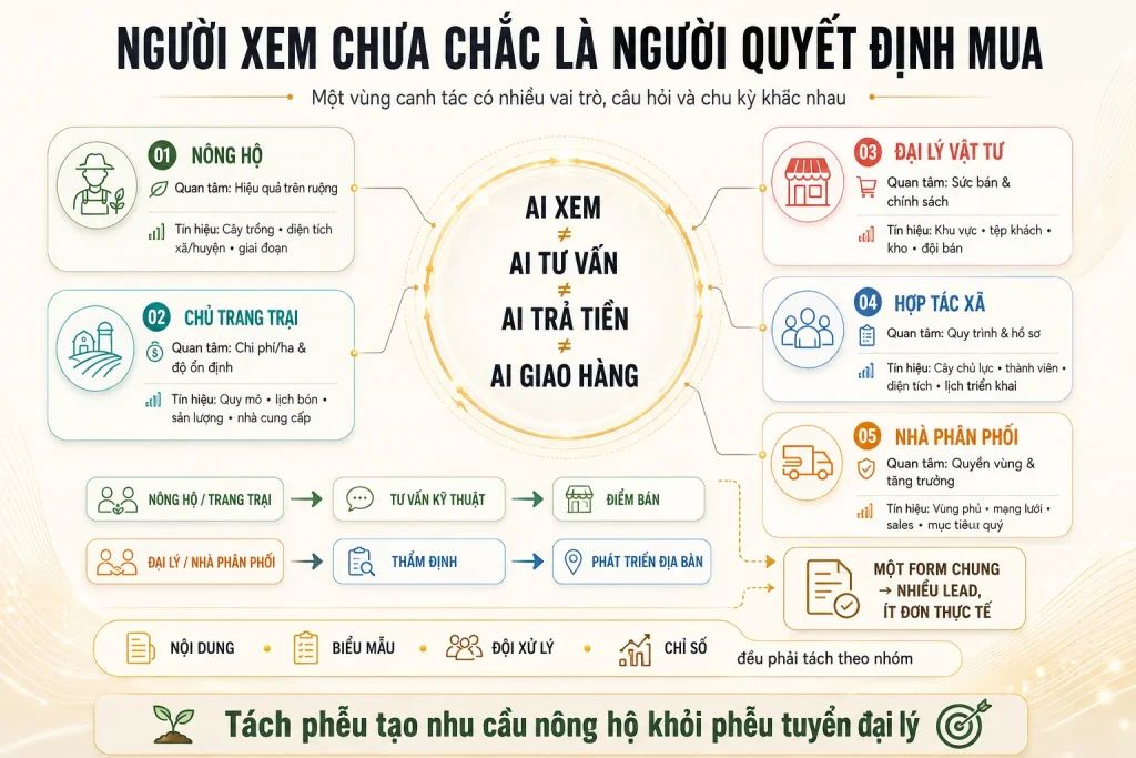 Năm chủ thể nông hộ, chủ trang trại, đại lý vật tư, hợp tác xã, nhà phân phối được tách thành hai phễu nhu cầu và kênh bán