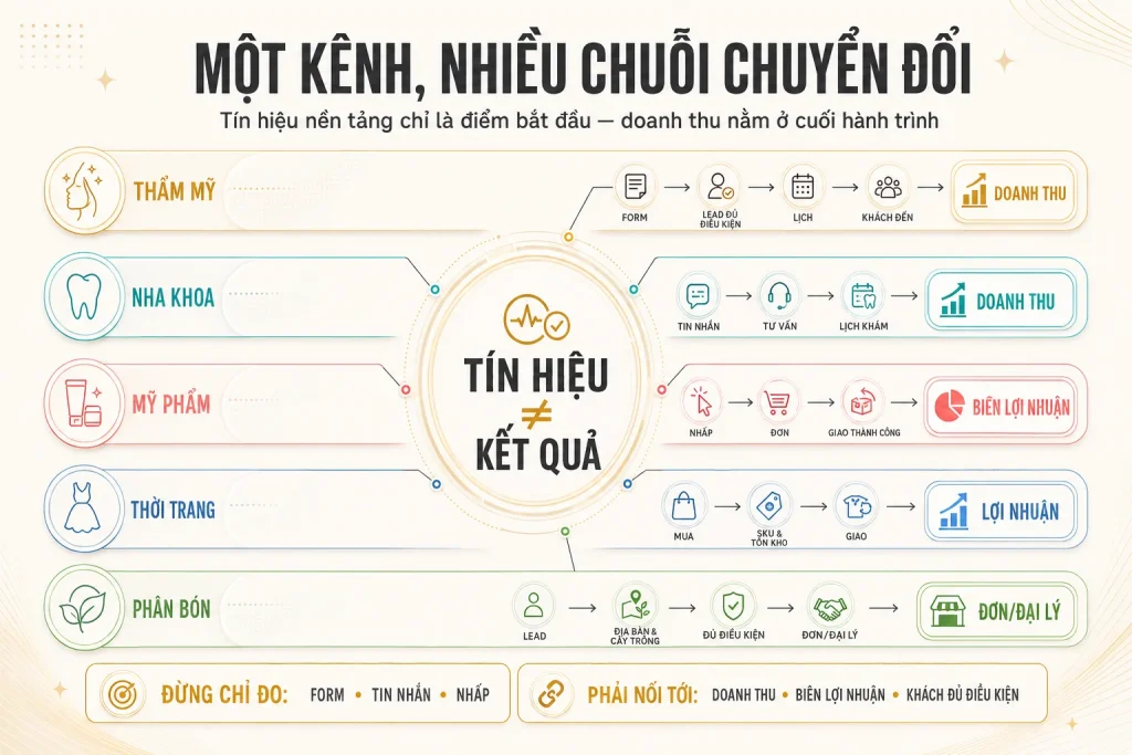 Năm chuỗi chuyển đổi khác nhau từ tín hiệu nền tảng đến doanh thu, biên lợi nhuận hoặc khách đủ điều kiện