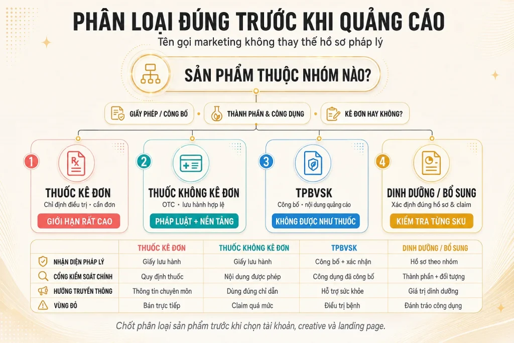 Cây quyết định và ma trận so sánh thuốc kê đơn, thuốc không kê đơn, thực phẩm bảo vệ sức khỏe và nhóm dinh dưỡng bổ sung