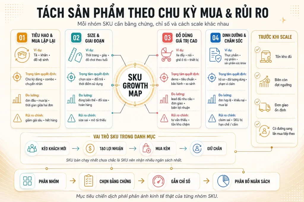 Ma trận bốn nhóm sản phẩm mẹ và bé theo quyết định, chỉ số, rủi ro và vai trò SKU trong danh mục