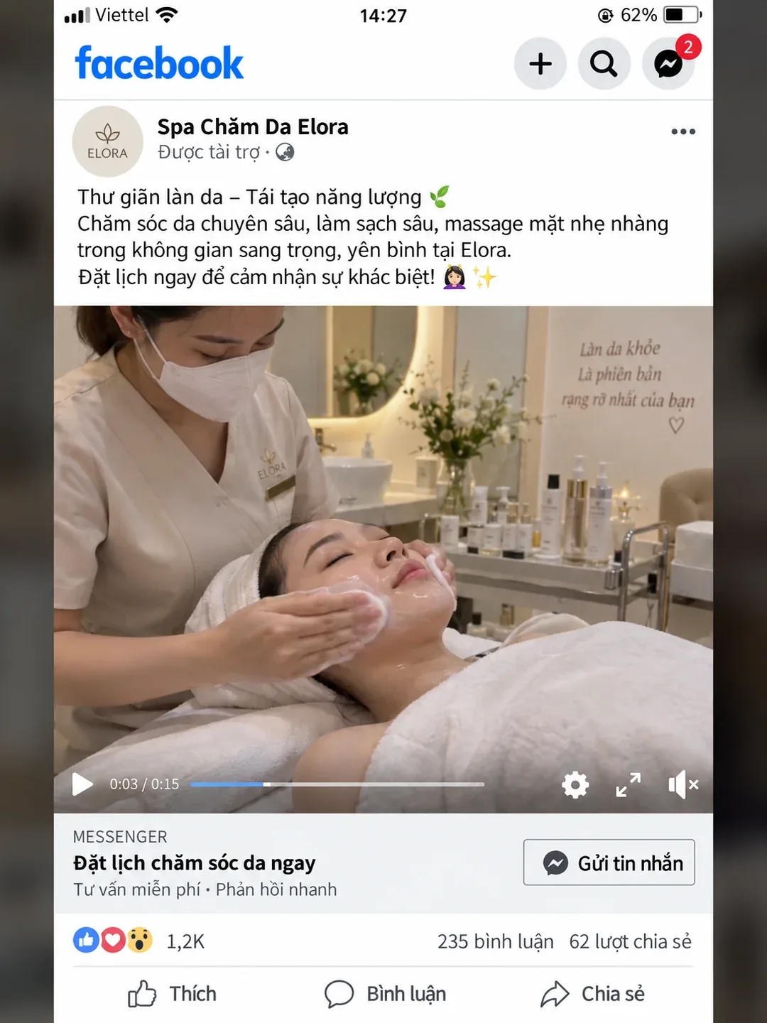 Mẫu quảng cáo video Facebook Messenger chuyển đổi tin nhắn spa thư giãn