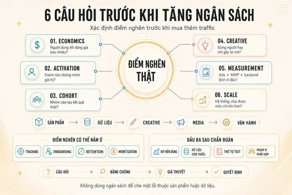 Sáu câu hỏi chẩn đoán về economics, activation, cohort, creative, measurement và khả năng scale của hệ thống