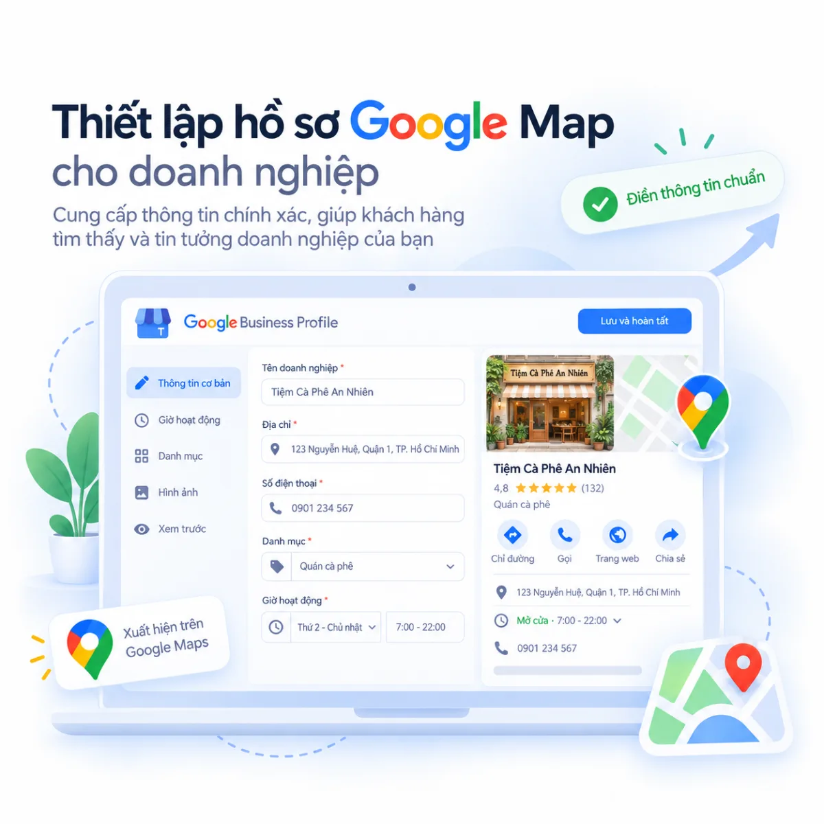 Minh họa thiết lập Hồ sơ doanh nghiệp với thông tin cơ bản, địa chỉ, danh mục và giờ hoạt động