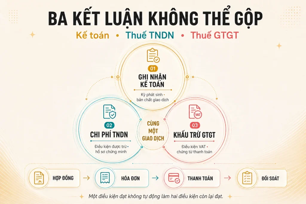 Ba vòng kiểm soát riêng cho ghi nhận kế toán, chi phí thuế thu nhập doanh nghiệp và khấu trừ thuế giá trị gia tăng