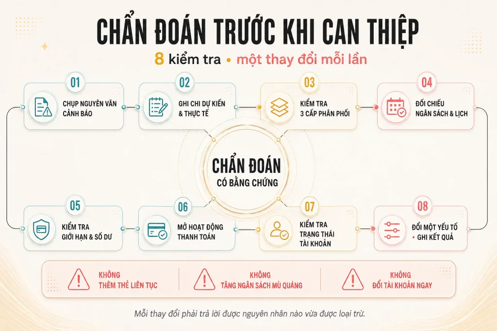 Timeline tám bước chụp cảnh báo, ghi mức chi, kiểm tra phân phối, ngân sách, giới hạn, thanh toán, trạng thái và thay đổi có kiểm soát