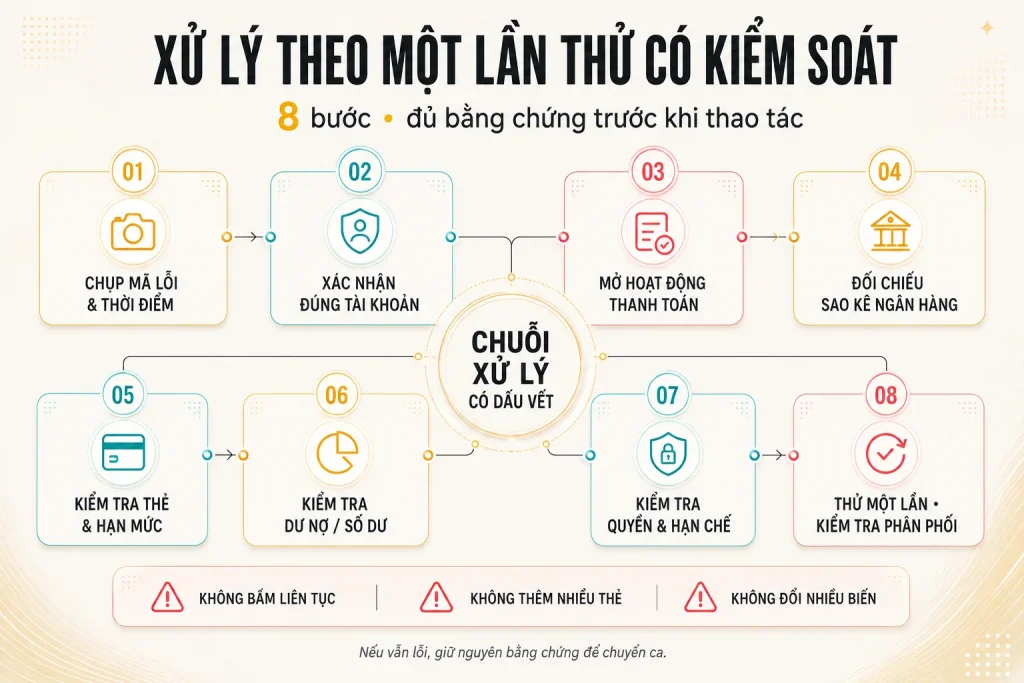 Timeline tám bước xử lý lỗi thanh toán từ chụp mã lỗi đến thử một lần và kiểm tra phân phối