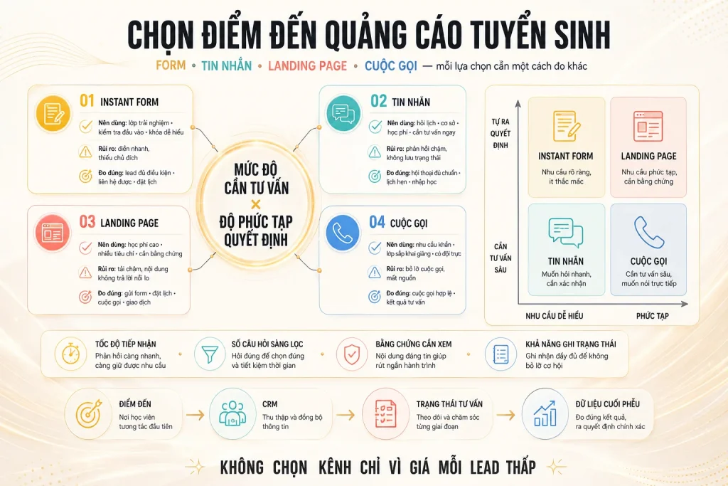 Ma trận chọn Instant Form, tin nhắn, landing page và cuộc gọi theo mức độ tư vấn, độ phức tạp, rủi ro và cách đo