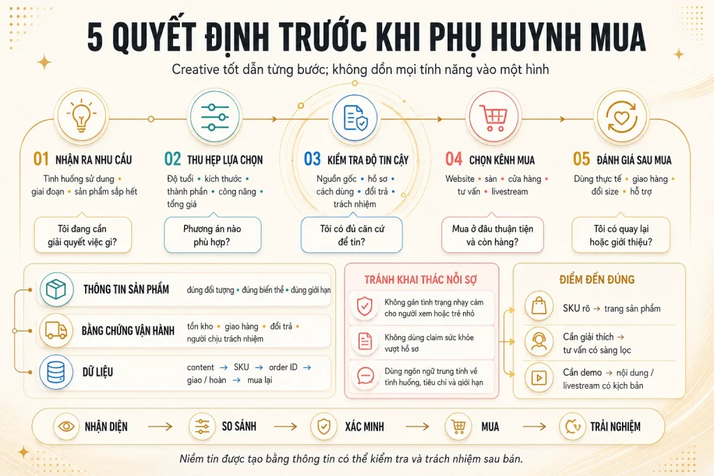 Hành trình năm bước từ nhận ra nhu cầu, so sánh, xác minh, chọn kênh mua đến đánh giá sau mua cùng ba lớp bằng chứng