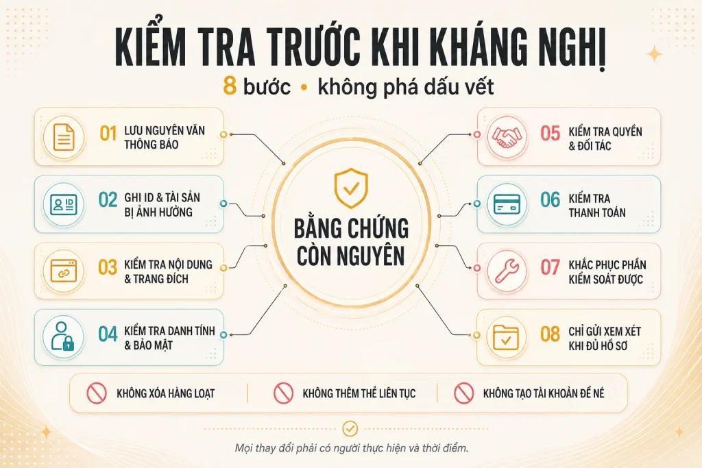 Checklist tám bước kiểm tra ban đầu nhằm giữ nguyên bằng chứng trước khi yêu cầu xem xét tài khoản quảng cáo
