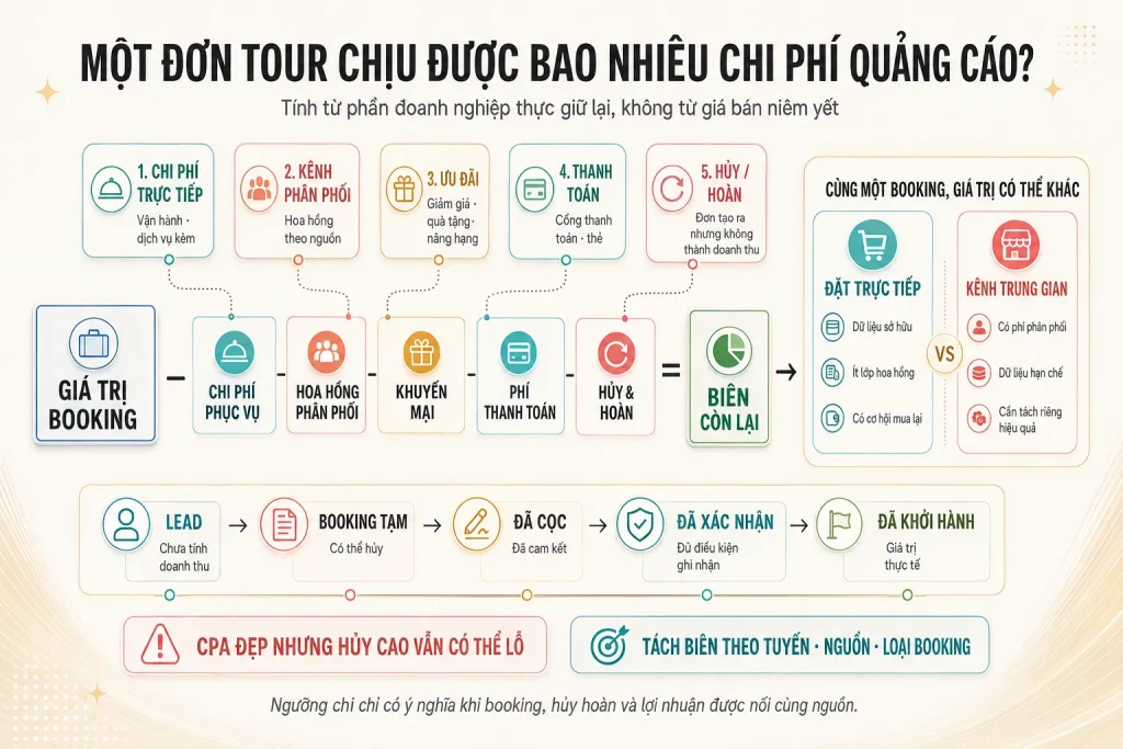 Công thức giá trị booking trừ chi phí phục vụ, hoa hồng, khuyến mại, phí thanh toán và hủy hoàn để ra biên còn lại