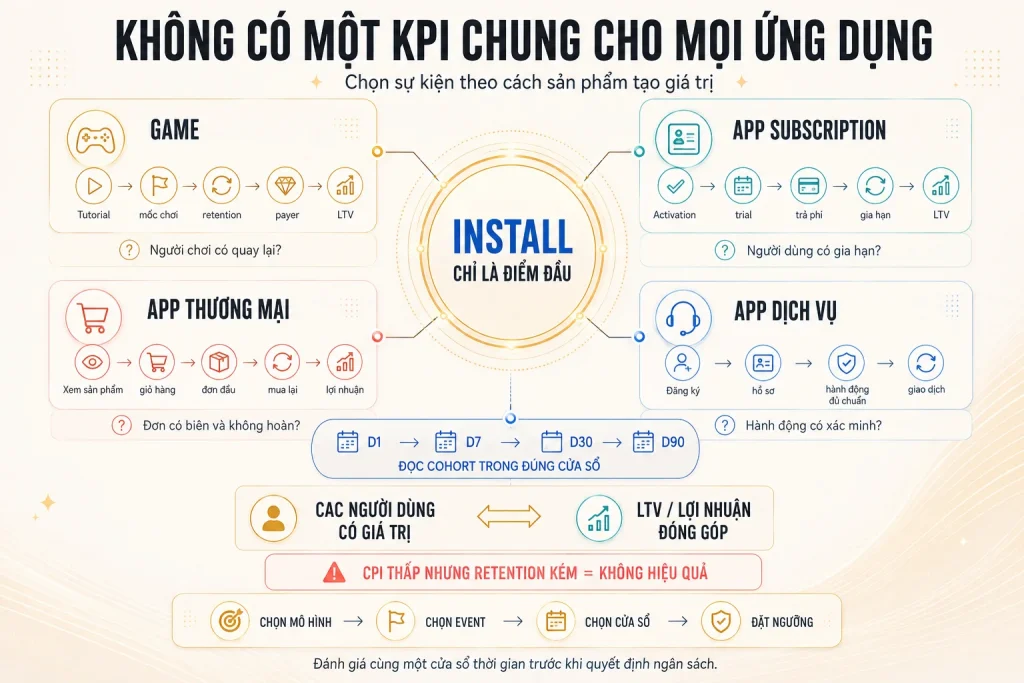 Bốn chuỗi sự kiện cho game, app subscription, app thương mại và app dịch vụ với cửa sổ cohort từ D1 đến D90