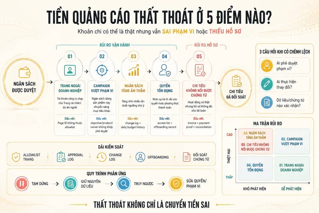Năm điểm thất thoát gồm Trang ngoài doanh nghiệp, campaign vượt phạm vi, ngân sách tăng âm thầm, quyền tồn đọng và thiếu chứng từ