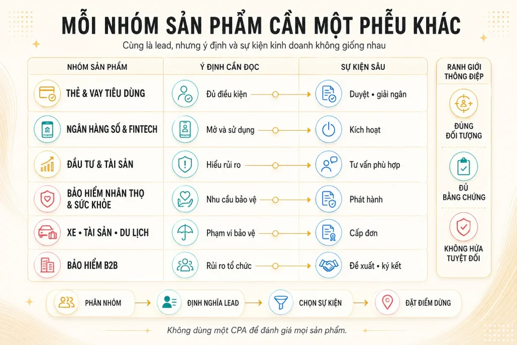 Ma trận sáu nhóm sản phẩm với ý định khách hàng, sự kiện sâu và ranh giới thông điệp cần kiểm soát