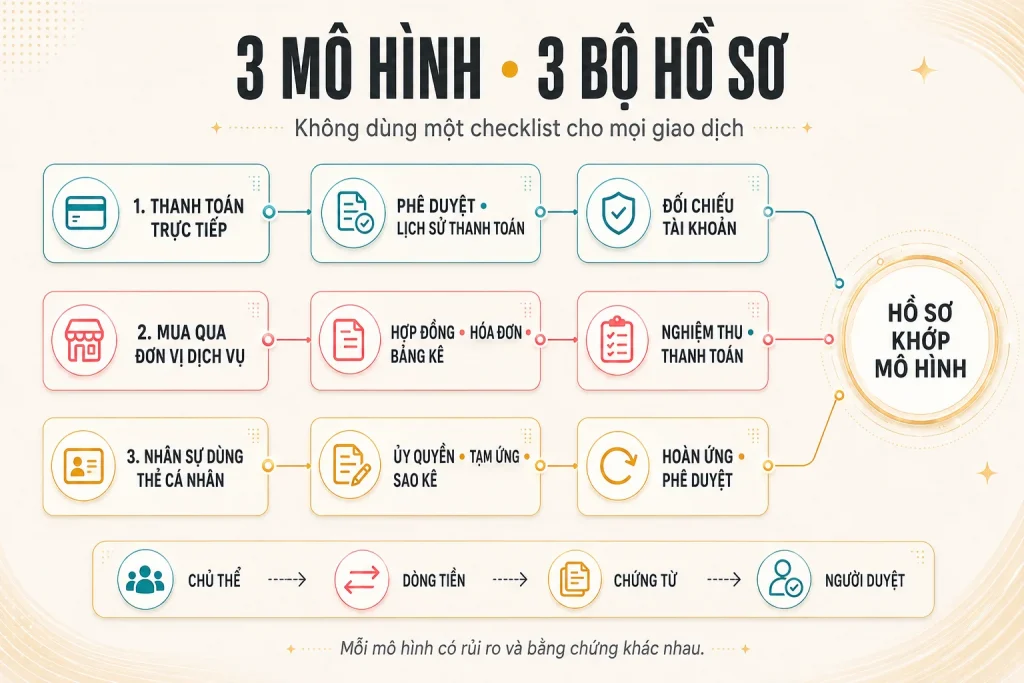 Ba luồng hồ sơ cho thanh toán trực tiếp, mua qua đơn vị dịch vụ và nhân sự dùng thẻ cá nhân