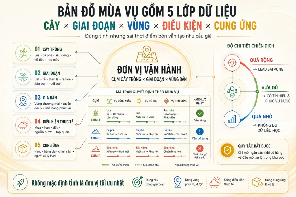 Bản đồ mùa vụ gồm cây trồng, giai đoạn, địa bàn, điều kiện thực tế và cung ứng cùng ma trận quyết định theo cụm