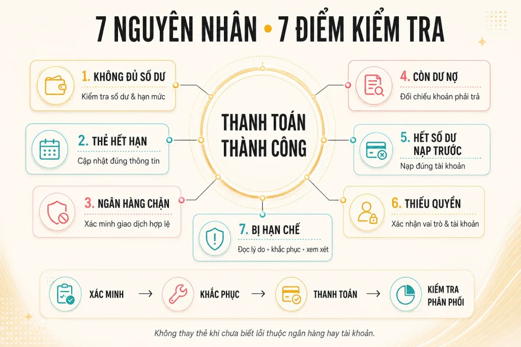 Sơ đồ bảy nguyên nhân gồm số dư, thẻ hết hạn, ngân hàng chặn, dư nợ, hết tiền nạp trước, thiếu quyền và hạn chế