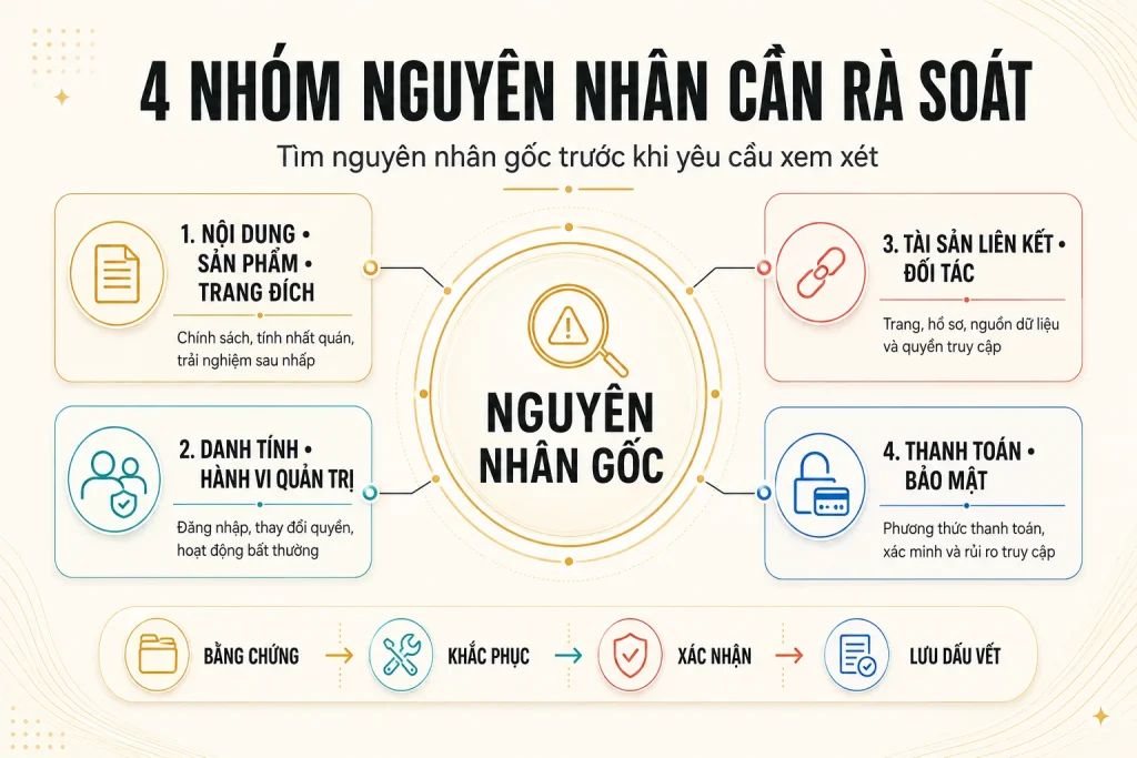Sơ đồ bốn nhóm nguyên nhân gồm nội dung và trang đích, danh tính và quản trị, tài sản liên kết, thanh toán và bảo mật
