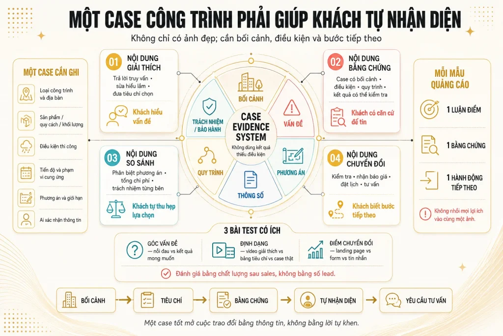 Hệ thống case công trình gồm bối cảnh, yêu cầu, giải pháp, thi công, bằng chứng, giới hạn và ba phép kiểm tra khả năng tự nhận diện nhu cầu