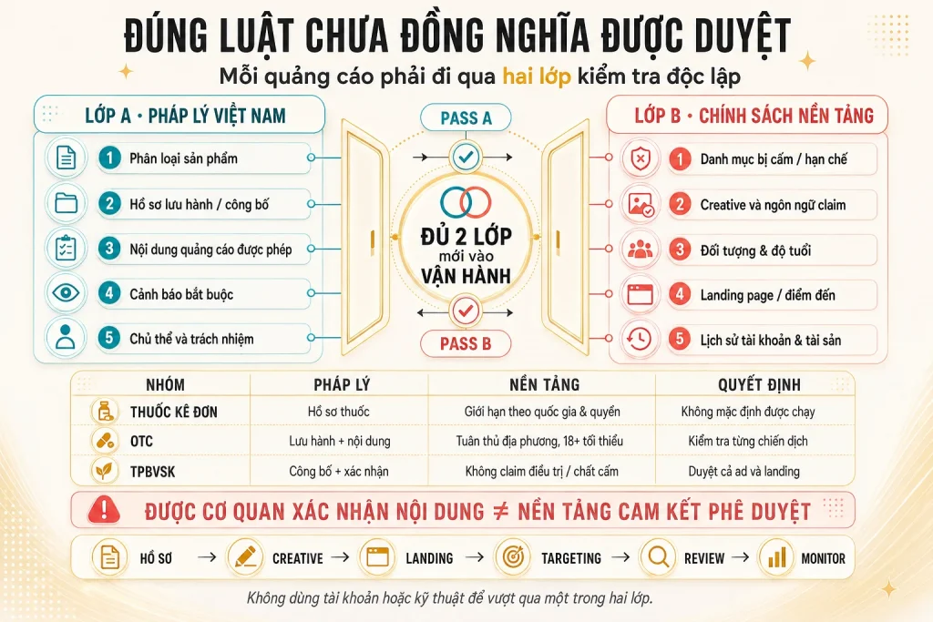 Hai lớp kiểm tra độc lập gồm pháp lý Việt Nam và chính sách nền tảng với ma trận quyết định cho thuốc kê đơn, OTC và TPBVSK