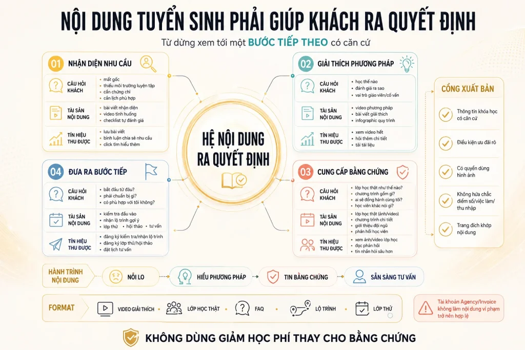 Bốn tầng nội dung từ nhận diện nhu cầu, giải thích phương pháp, cung cấp bằng chứng đến đưa ra bước tiếp cùng cổng xuất bản