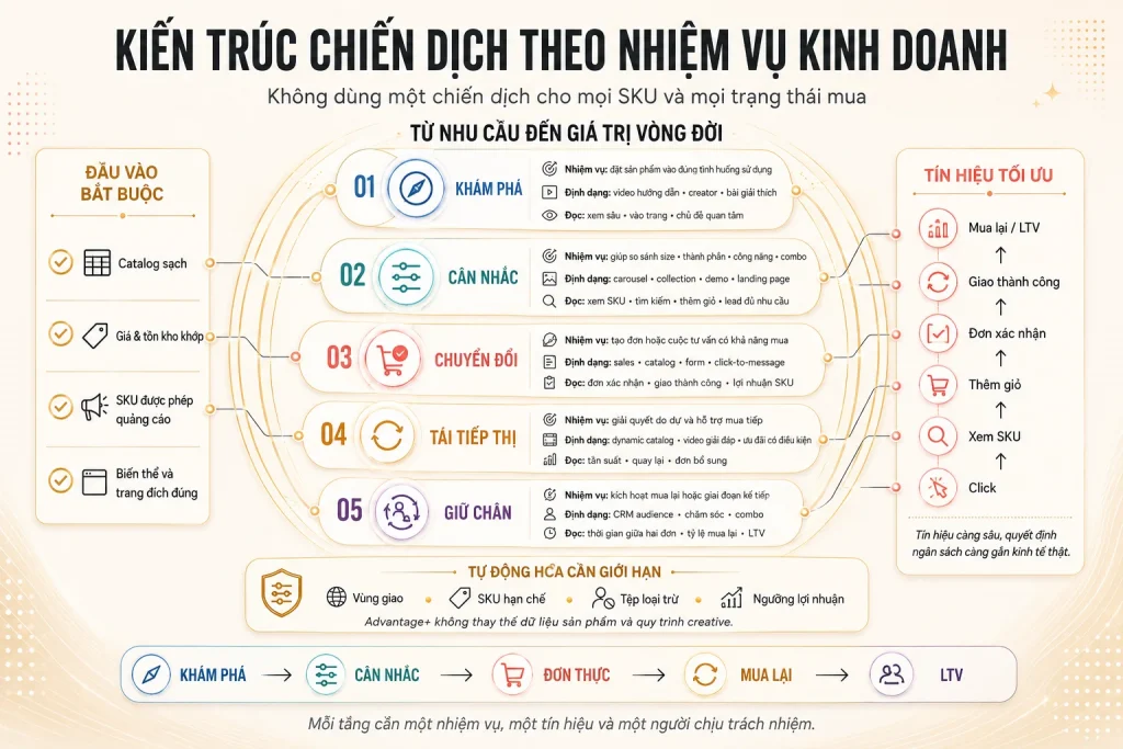 Năm tầng chiến dịch khám phá, cân nhắc, chuyển đổi, tái tiếp thị và giữ chân cùng đầu vào và thang tín hiệu tối ưu