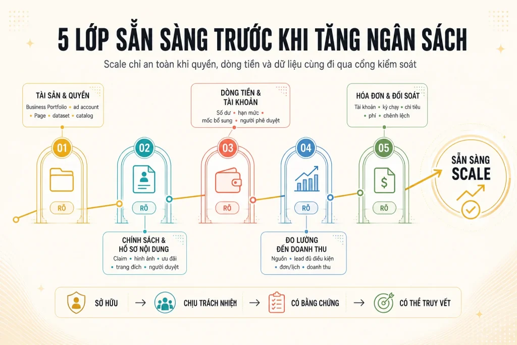 Năm cổng kiểm soát gồm tài sản và quyền, chính sách nội dung, dòng tiền, đo lường doanh thu, hóa đơn và đối soát