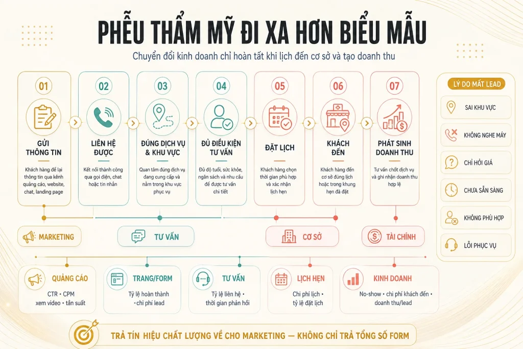 Phễu bảy trạng thái từ gửi thông tin, liên hệ, đủ điều kiện, đặt lịch, khách đến đến phát sinh doanh thu