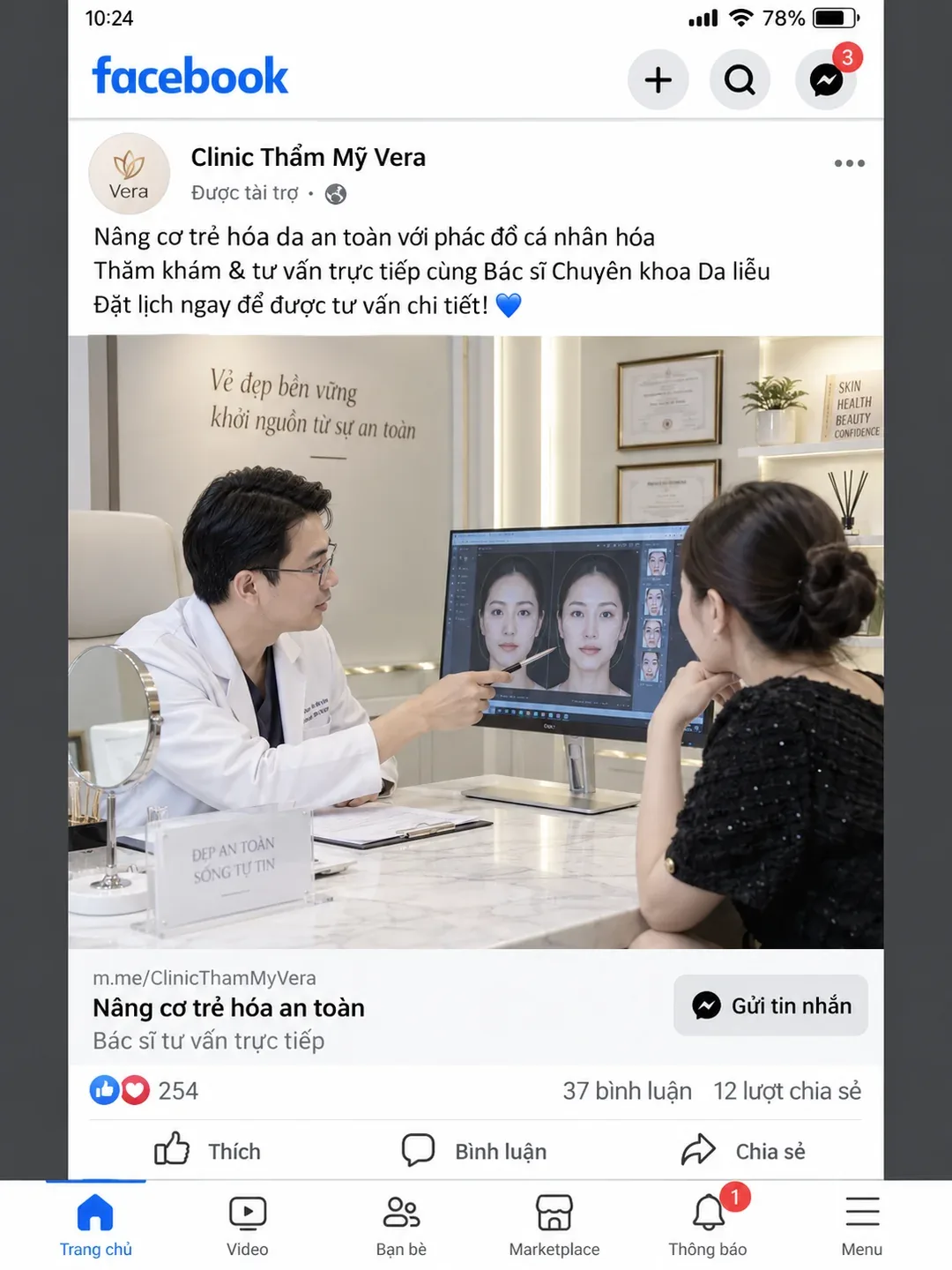 Mẫu quảng cáo Facebook định vị Bác sĩ chuyên khoa da liễu tư vấn thẩm mỹ