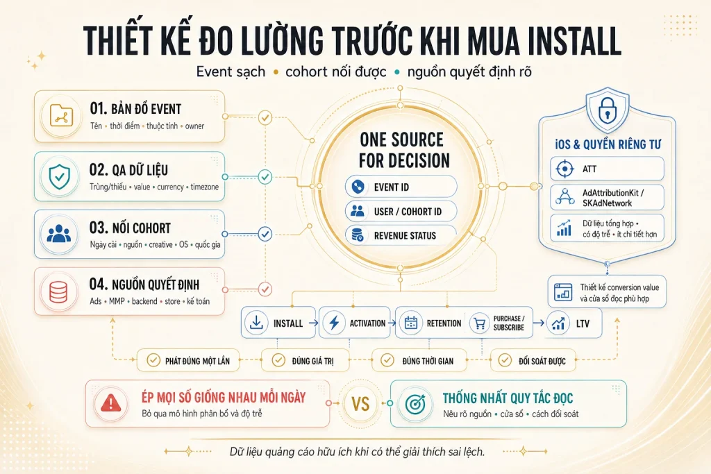 Bản đồ event, QA dữ liệu, nối cohort và nguồn quyết định cùng nhánh iOS về ATT, AdAttributionKit và SKAdNetwork