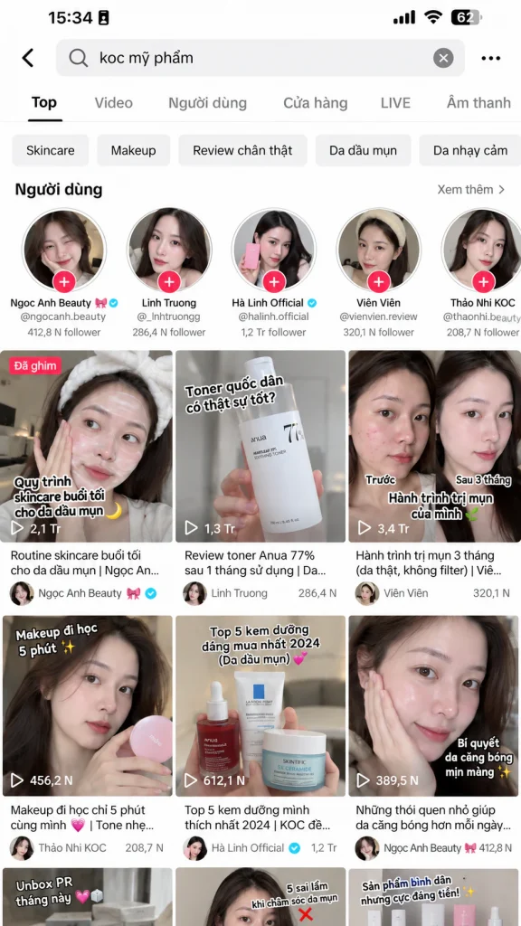 Minh họa kết quả tìm kiếm KOC mỹ phẩm trên giao diện TikTok