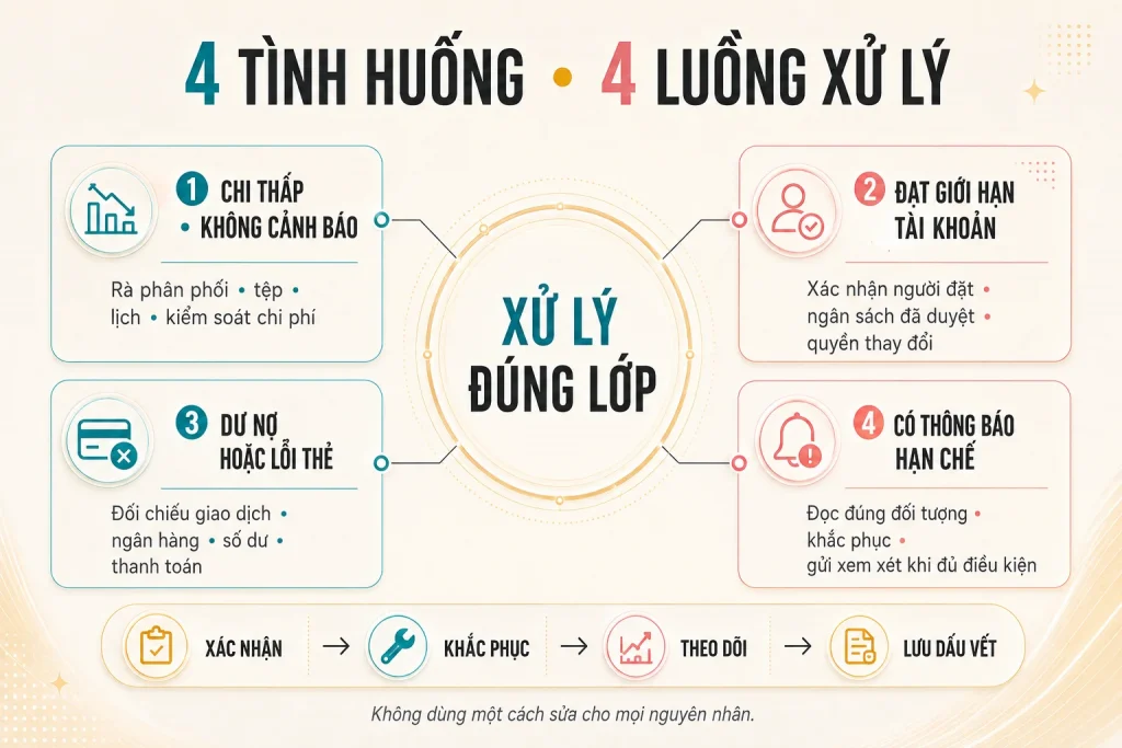 Bốn luồng xử lý cho chi thấp không cảnh báo, đạt giới hạn tài khoản, dư nợ hoặc lỗi thẻ và thông báo hạn chế