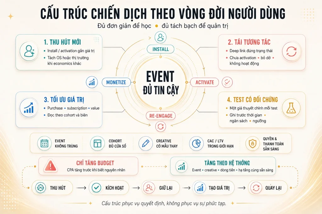 Bốn vùng chiến dịch thu hút mới, tái tương tác, tối ưu giá trị và test có đối chứng xoay quanh event đủ tin cậy