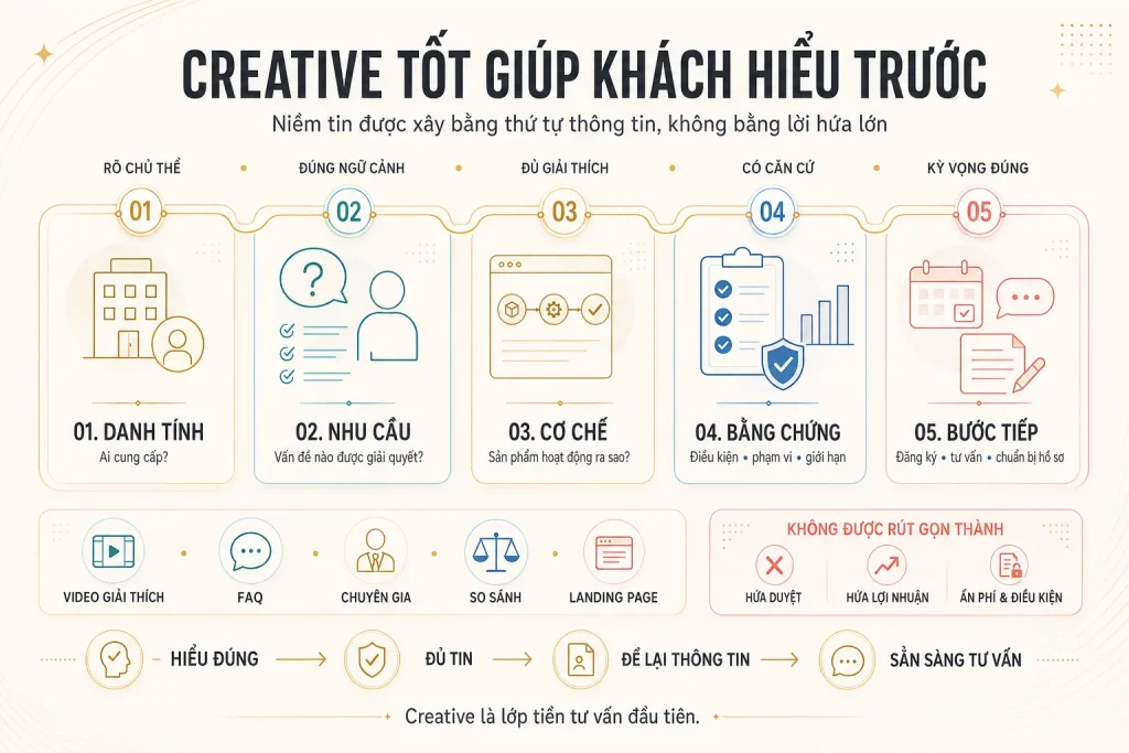 Chuỗi creative từ danh tính, nhu cầu, cơ chế, bằng chứng đến bước tiếp theo cùng các định dạng giải thích phù hợp
