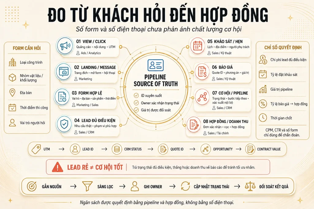 Chuỗi tám trạng thái từ lượt hỏi đến hợp đồng nối dữ liệu biểu mẫu, sales và tài chính với các chỉ số quyết định
