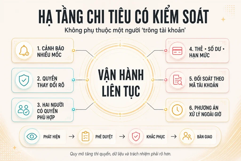 Sơ đồ sáu lớp kiểm soát gồm cảnh báo, quyền thay đổi, người dự phòng, thẻ số dư hạn mức, đối soát và xử lý ngoài giờ