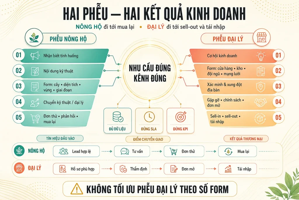 Hai phễu riêng cho nông hộ đi tới đơn thử mua lại và đại lý đi tới đơn mở sell-out tái nhập