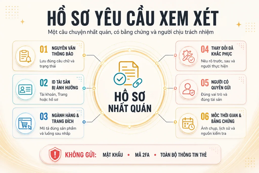 Sáu thành phần của hồ sơ yêu cầu xem xét gồm thông báo gốc, ID tài sản, ngành hàng, thay đổi khắc phục, người có quyền và bằng chứng