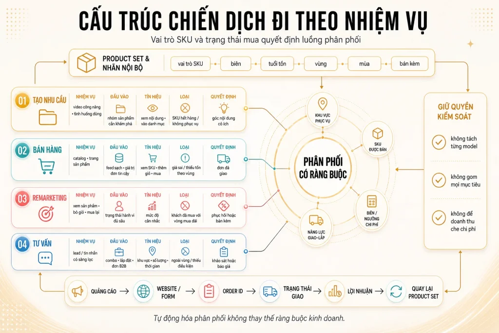 Sơ đồ bốn nhiệm vụ Facebook Ads điện máy theo vai trò SKU và trạng thái mua