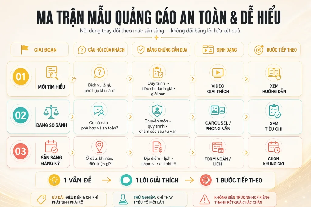 Ma trận ba giai đoạn khách hàng với câu hỏi, bằng chứng, định dạng và bước tiếp theo phù hợp