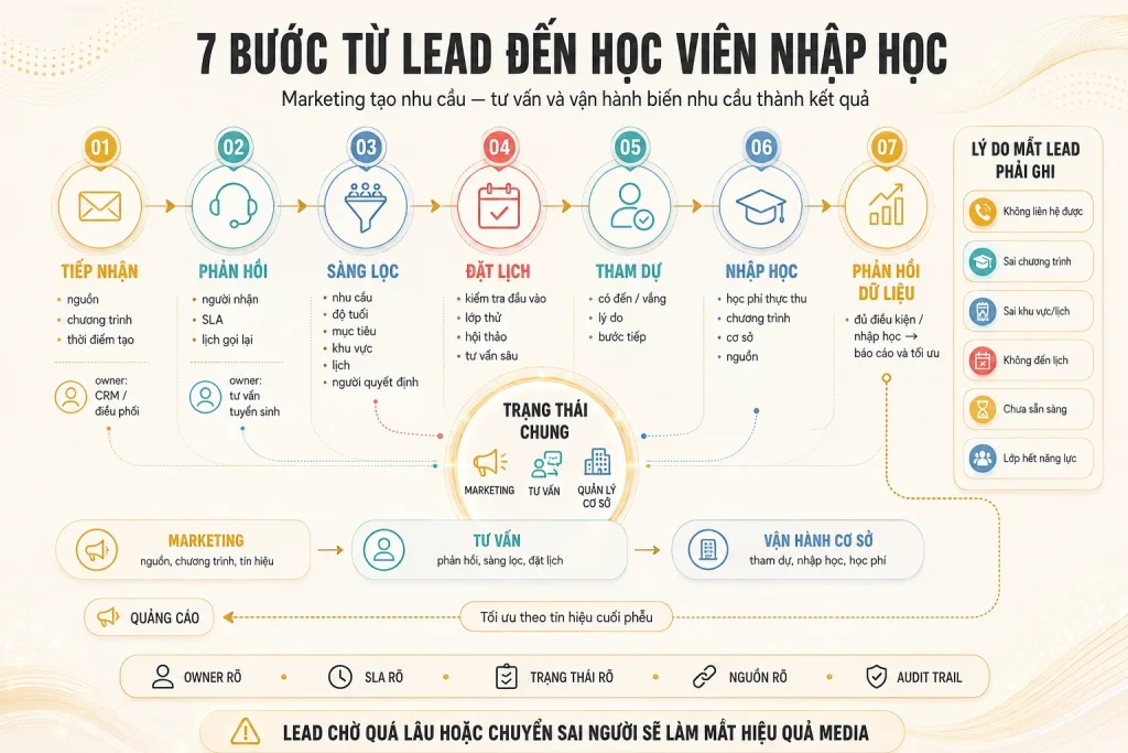 Bảy bước tiếp nhận, phản hồi, sàng lọc, đặt lịch, tham dự, nhập học và phản hồi dữ liệu với owner, SLA và trạng thái