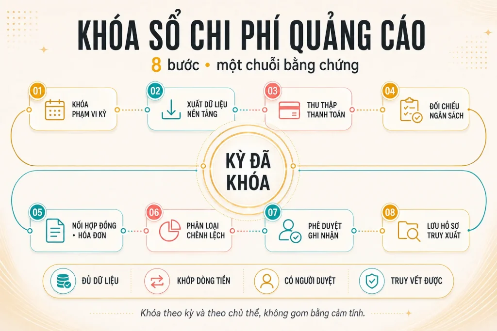 Timeline tám bước khóa phạm vi kỳ, xuất dữ liệu, thu thập thanh toán, đối chiếu ngân sách, nối chứng từ, xử lý chênh lệch, phê duyệt và lưu hồ sơ