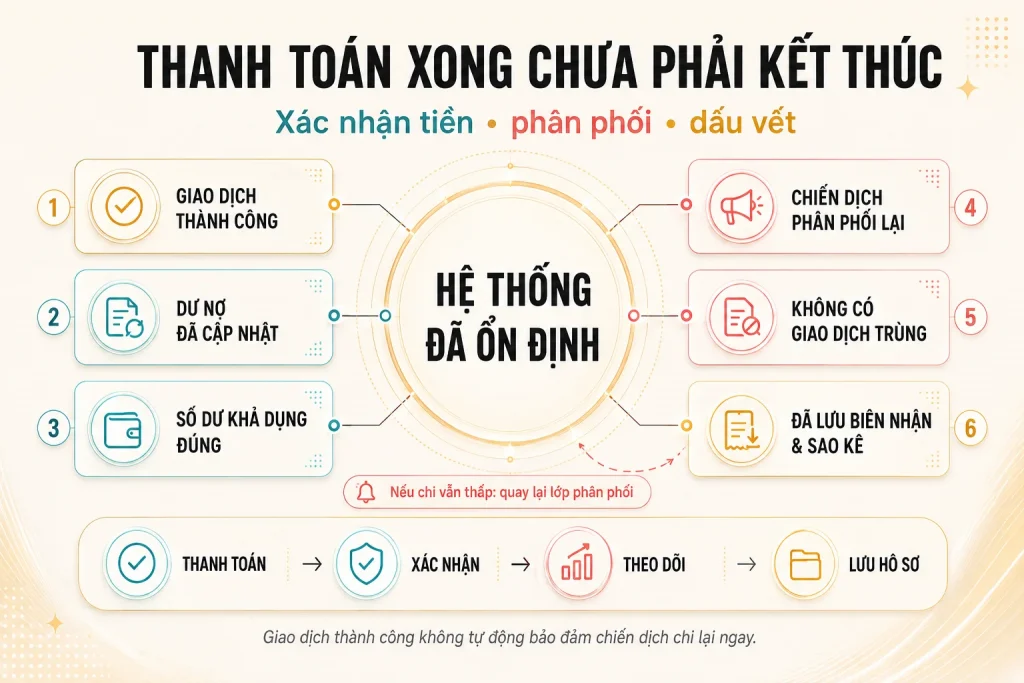 Sáu kiểm tra sau thanh toán gồm giao dịch, dư nợ, số dư, phân phối, giao dịch trùng và lưu biên nhận sao kê