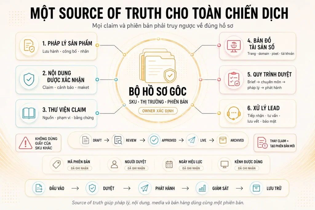 Kiến trúc bộ hồ sơ gốc kết nối pháp lý sản phẩm, nội dung xác nhận, thư viện claim, tài sản số, quy trình duyệt và xử lý lead