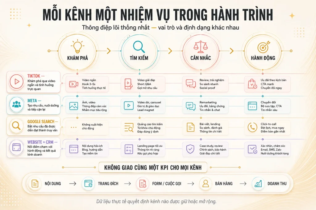 Bản đồ vai trò Meta, Google, TikTok, website và CRM theo bốn giai đoạn khám phá, tìm kiếm, cân nhắc và hành động