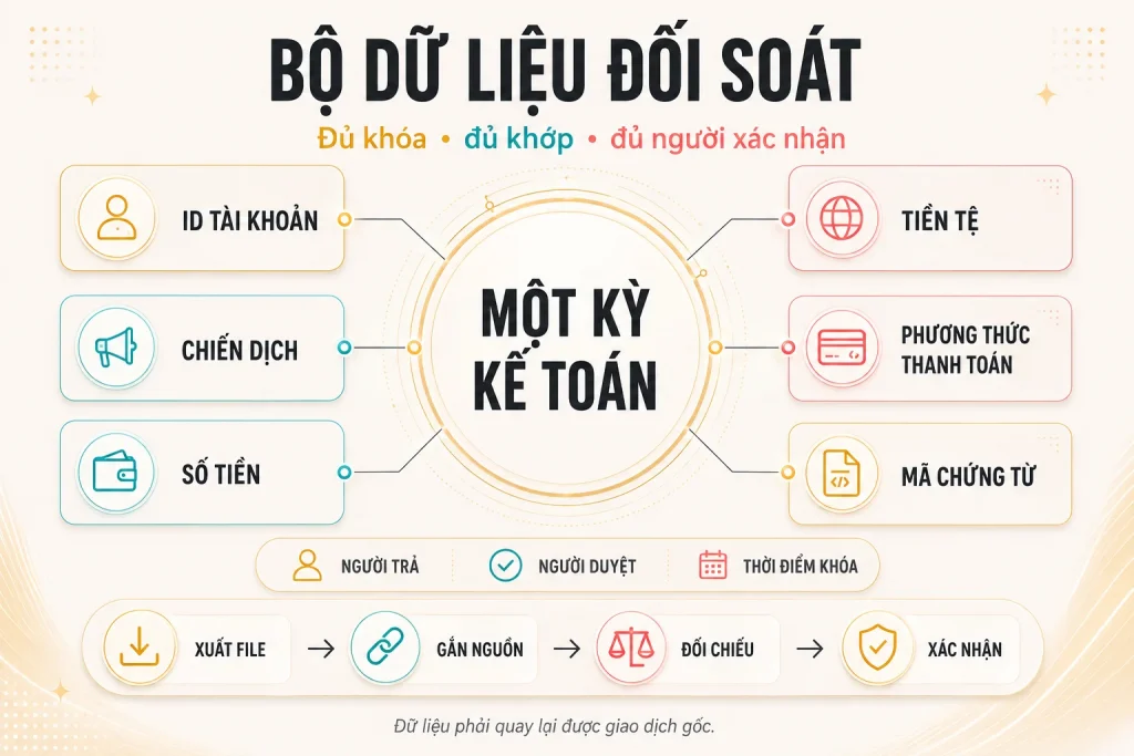 Sơ đồ dữ liệu đối soát gồm ID tài khoản, chiến dịch, số tiền, tiền tệ, phương thức thanh toán và mã chứng từ