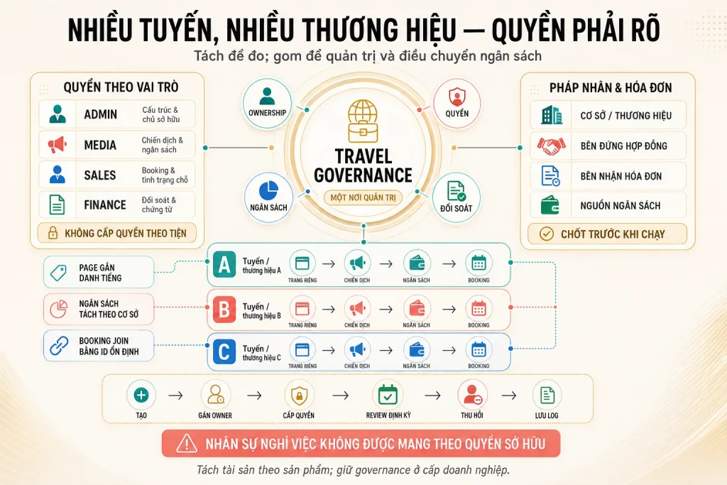 Mô hình quản trị nhiều tuyến với Trang, chiến dịch, ngân sách, booking, ma trận quyền và bản đồ pháp nhân hóa đơn