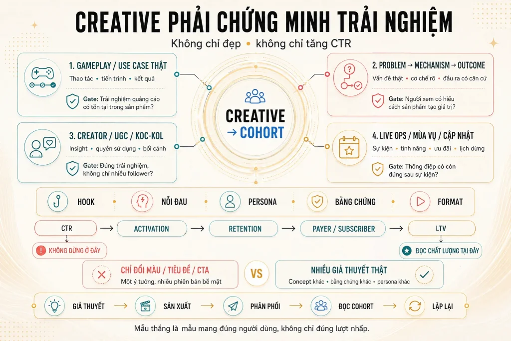 Bốn hệ creative gồm gameplay thật, problem mechanism outcome, creator UGC và live ops cùng chuỗi đo từ CTR đến LTV