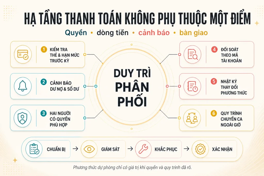 Sơ đồ sáu lớp phòng ngừa lỗi thanh toán gồm thẻ hạn mức, cảnh báo, quyền dự phòng, đối soát, nhật ký và chuyển ca